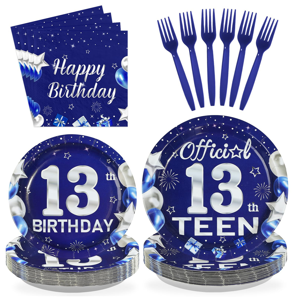96 Pcs Blue Sliver 13th Birthday Party Plates and Napkins - Grencian