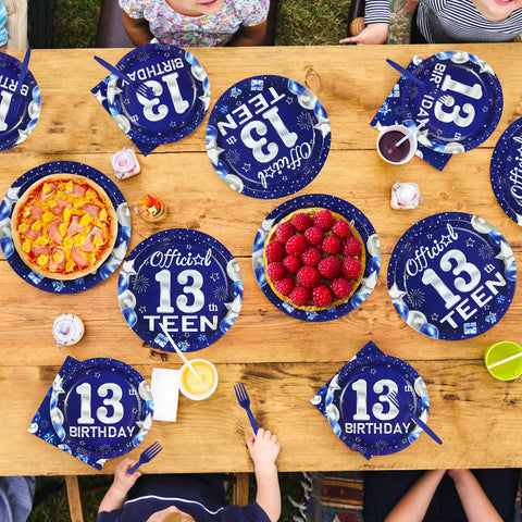 96 Pcs Blue Sliver 13th Birthday Party Plates and Napkins - Grencian