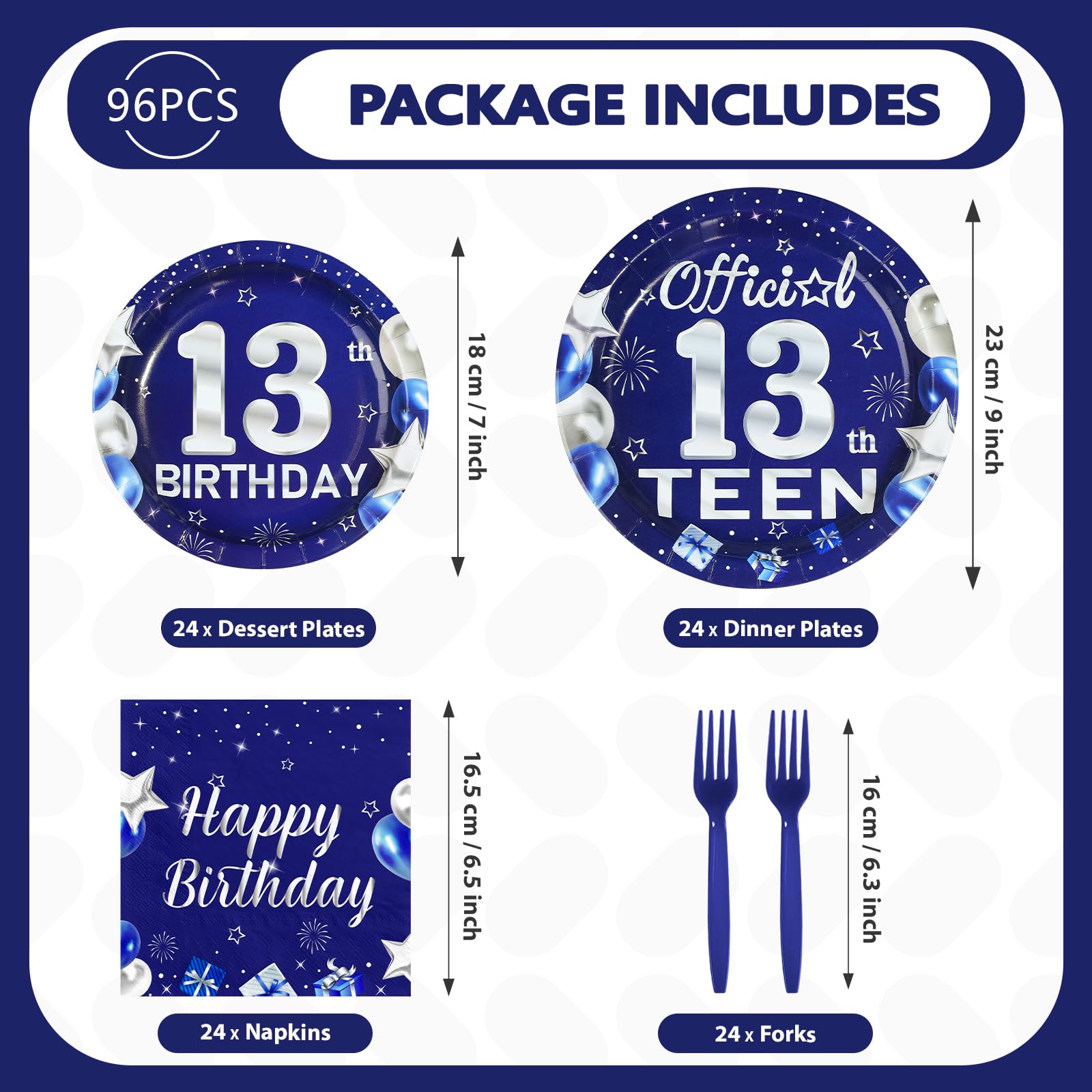 96 Pcs Blue Sliver 13th Birthday Party Plates and Napkins - Grencian