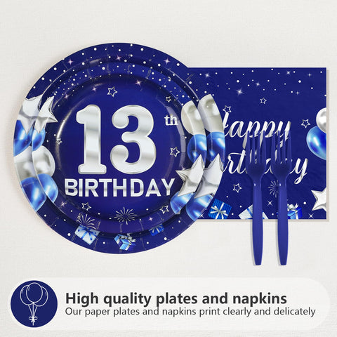 96 Pcs Blue Sliver 13th Birthday Party Plates and Napkins - Grencian