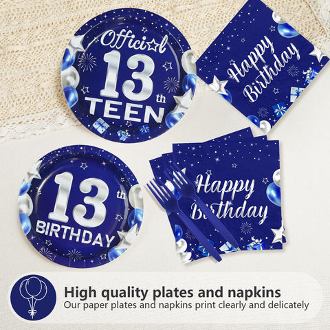 96 Pcs Blue Sliver 13th Birthday Party Plates and Napkins - Grencian
