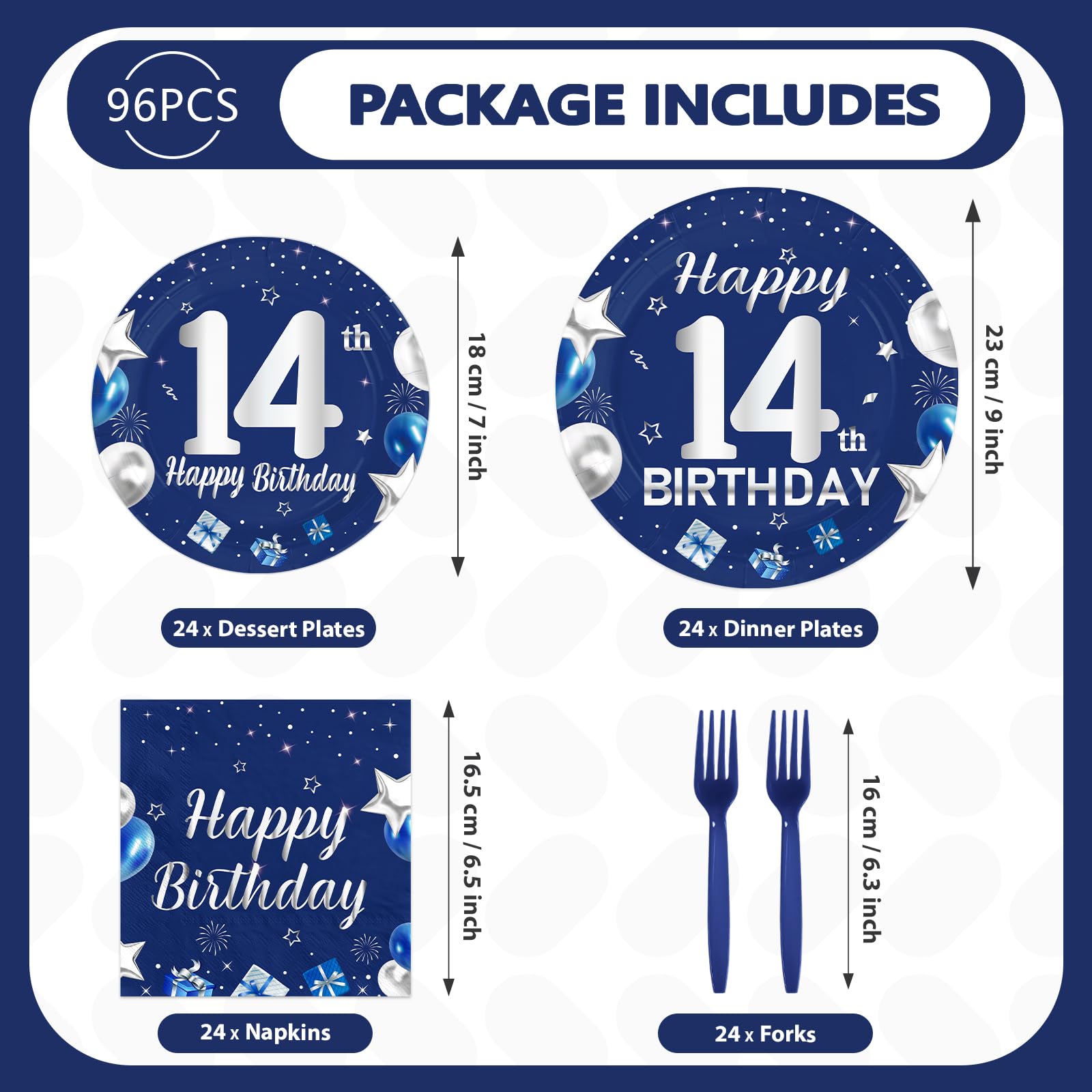 96 Pcs Blue Sliver 14th Birthday Party Plates and Napkins - Grencian
