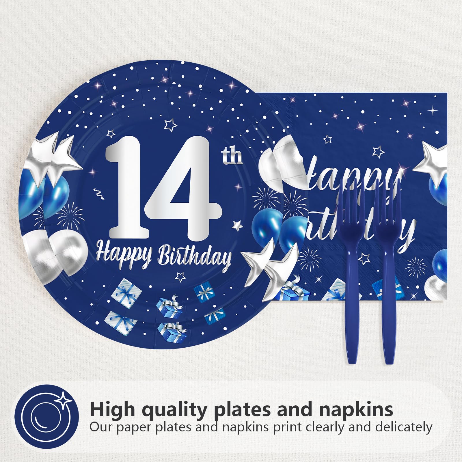 96 Pcs Blue Sliver 14th Birthday Party Plates and Napkins - Grencian