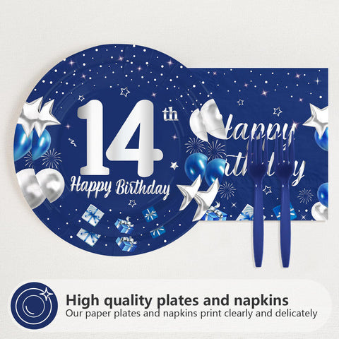 96 Pcs Blue Sliver 14th Birthday Party Plates and Napkins - Grencian