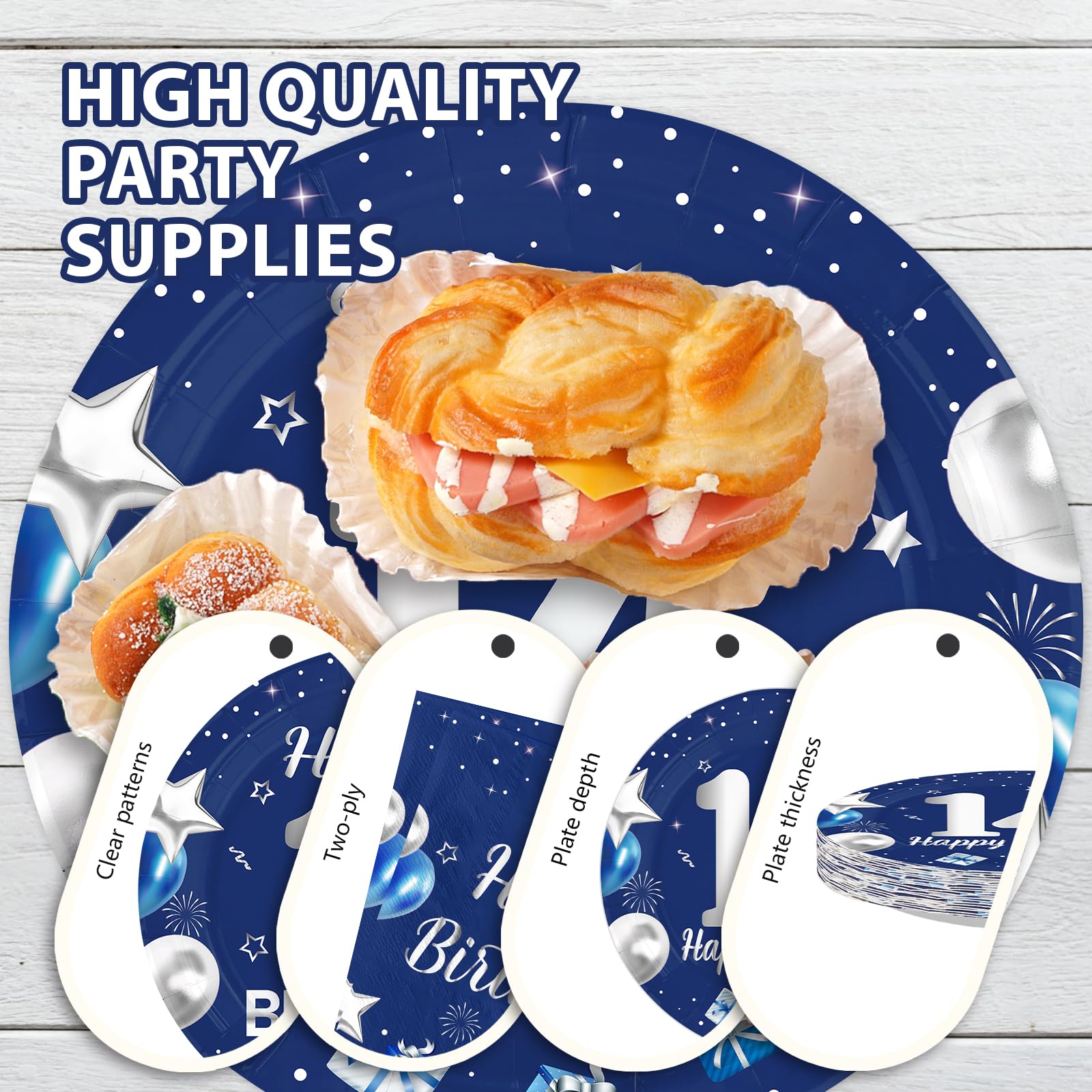 96 Pcs Blue Sliver 14th Birthday Party Plates and Napkins - Grencian