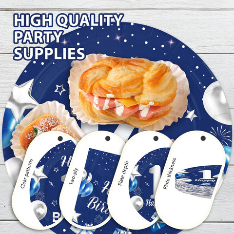 96 Pcs Blue Sliver 14th Birthday Party Plates and Napkins - Grencian