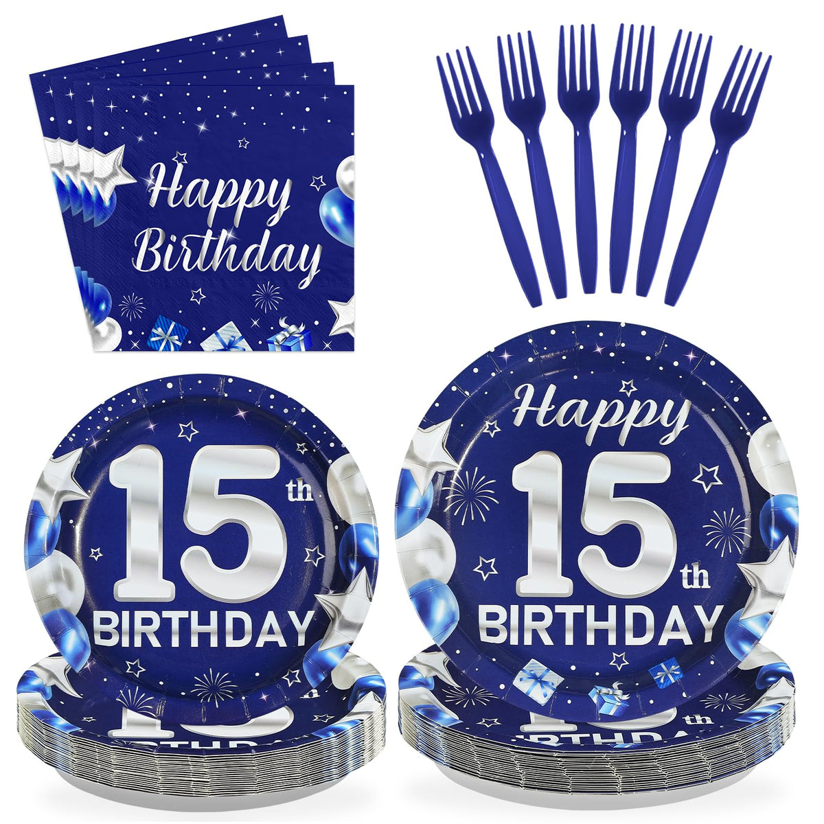 96 Pcs Blue Sliver 15th Birthday Party Plates and Napkins - Grencian