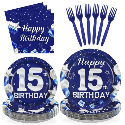 96 Pcs Blue Sliver 15th Birthday Party Plates and Napkins - Grencian