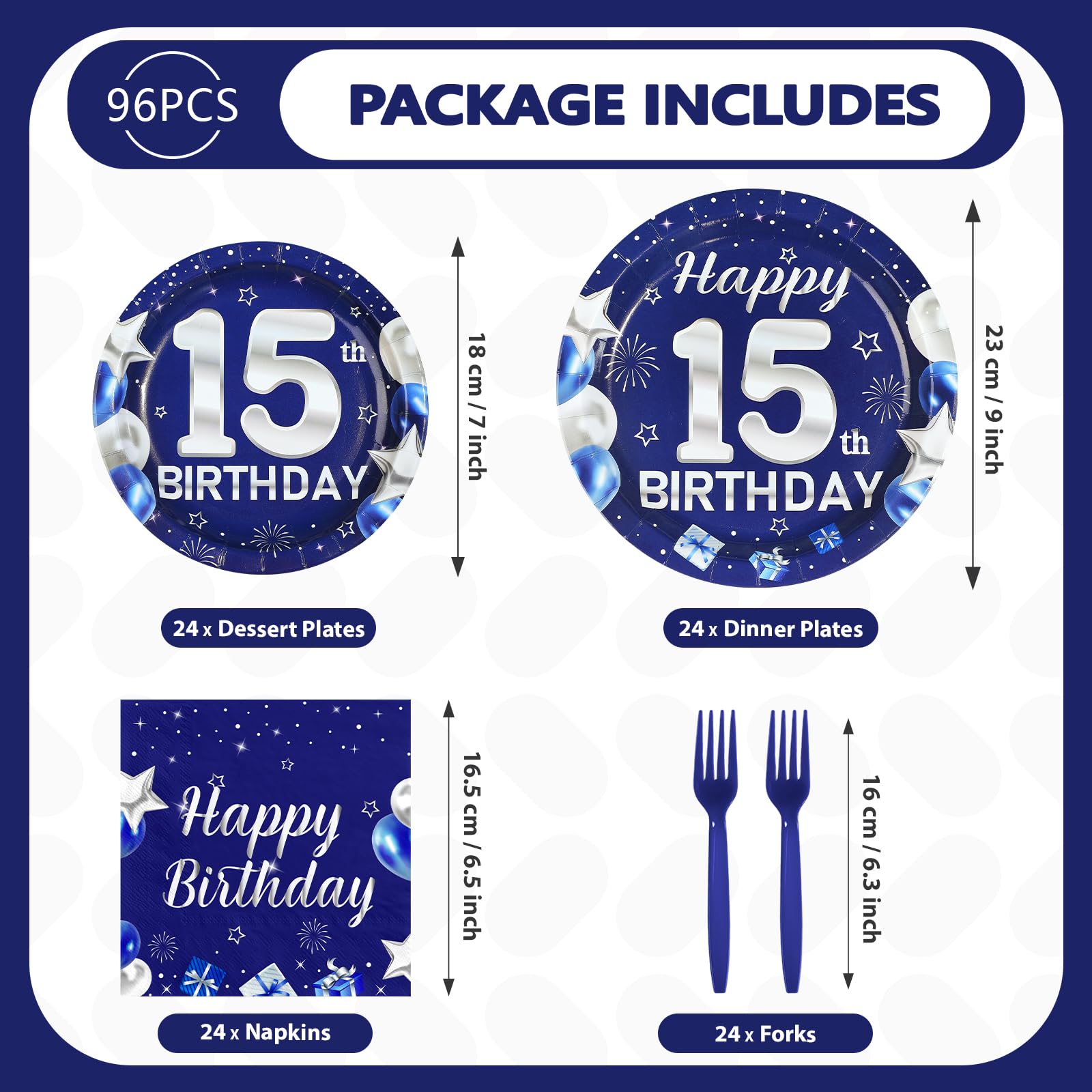 96 Pcs Blue Sliver 15th Birthday Party Plates and Napkins - Grencian