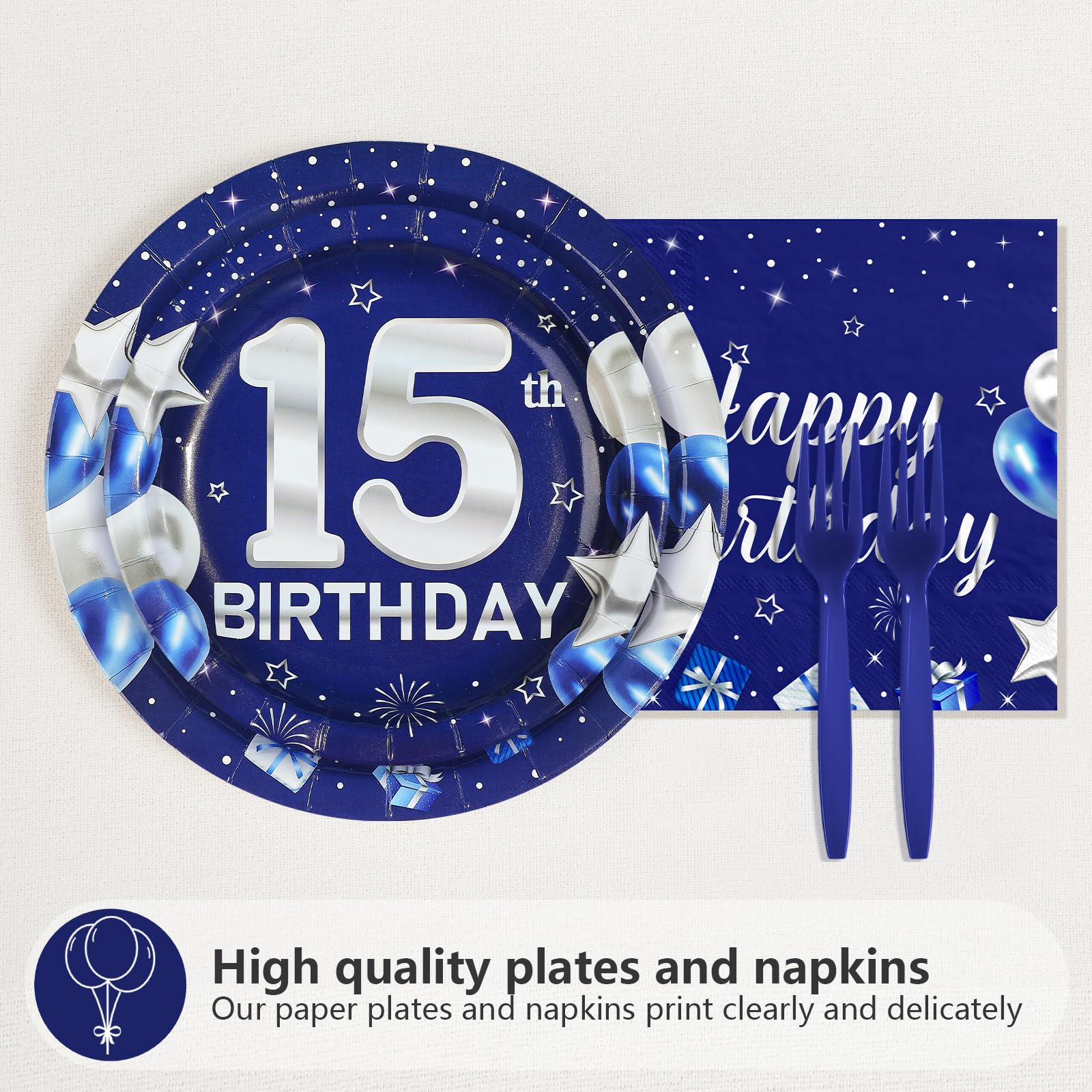 96 Pcs Blue Sliver 15th Birthday Party Plates and Napkins - Grencian