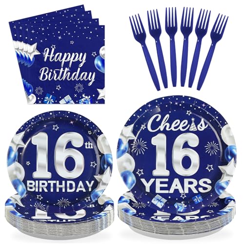 96 Pcs Blue Sliver 16th Birthday Party Plates and Napkins - Grencian