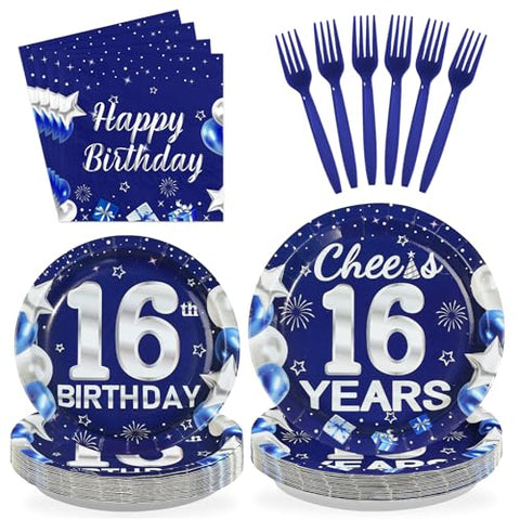 96 Pcs Blue Sliver 16th Birthday Party Plates and Napkins - Grencian