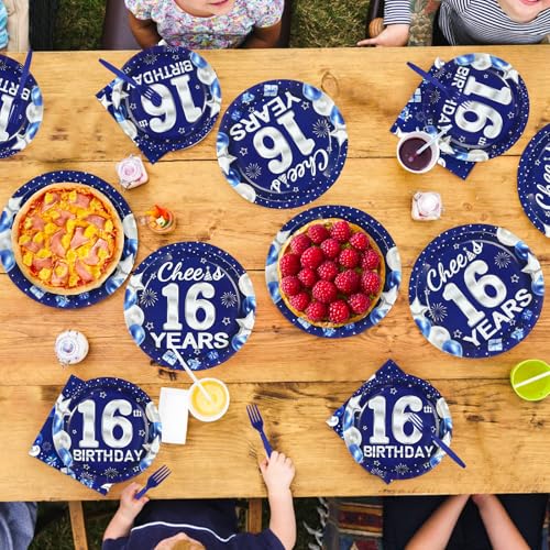 96 Pcs Blue Sliver 16th Birthday Party Plates and Napkins - Grencian