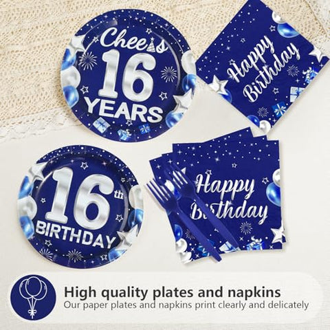 96 Pcs Blue Sliver 16th Birthday Party Plates and Napkins - Grencian