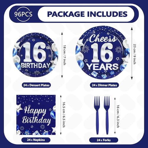 96 Pcs Blue Sliver 16th Birthday Party Plates and Napkins - Grencian