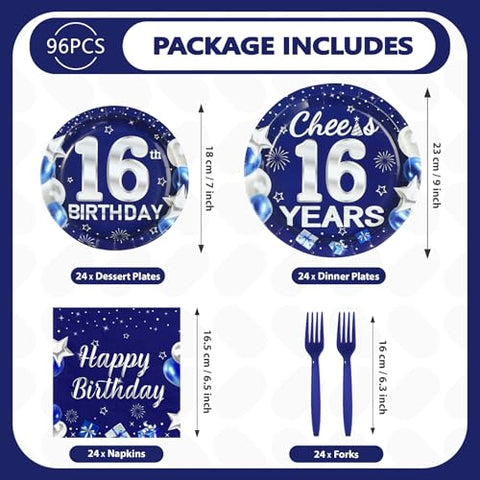 96 Pcs Blue Sliver 16th Birthday Party Plates and Napkins - Grencian