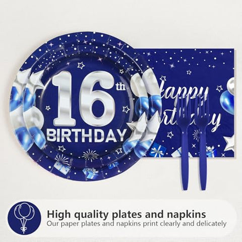 96 Pcs Blue Sliver 16th Birthday Party Plates and Napkins - Grencian