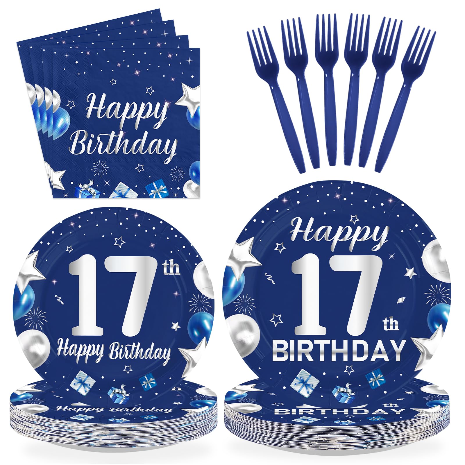 96 Pcs Blue Sliver 17th Birthday Party Plates and Napkins - Grencian