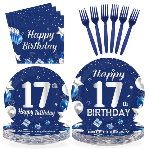96 Pcs Blue Sliver 17th Birthday Party Plates and Napkins - Grencian