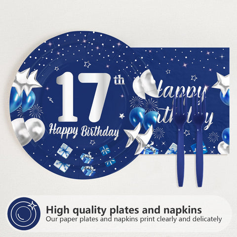 96 Pcs Blue Sliver 17th Birthday Party Plates and Napkins - Grencian