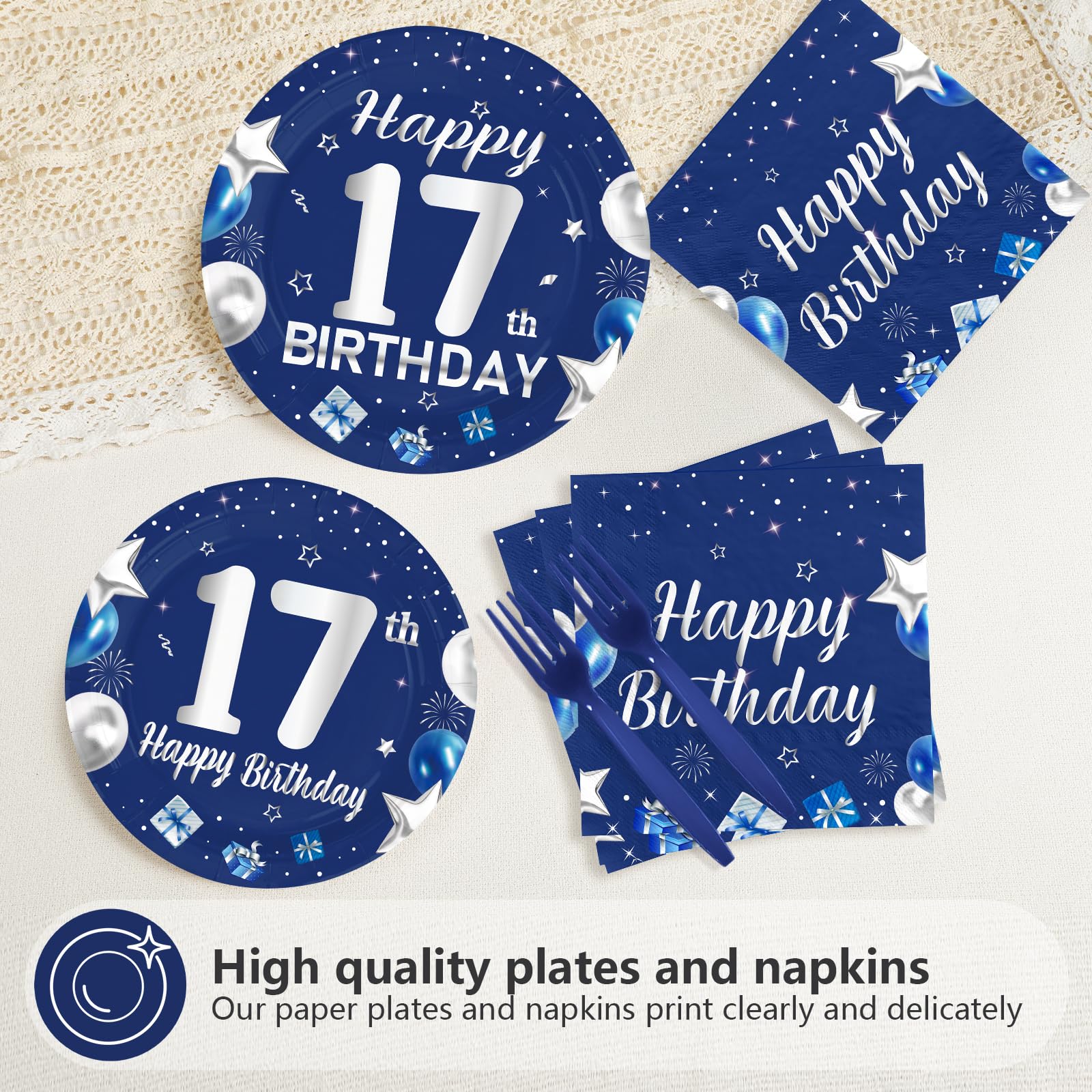 96 Pcs Blue Sliver 17th Birthday Party Plates and Napkins - Grencian