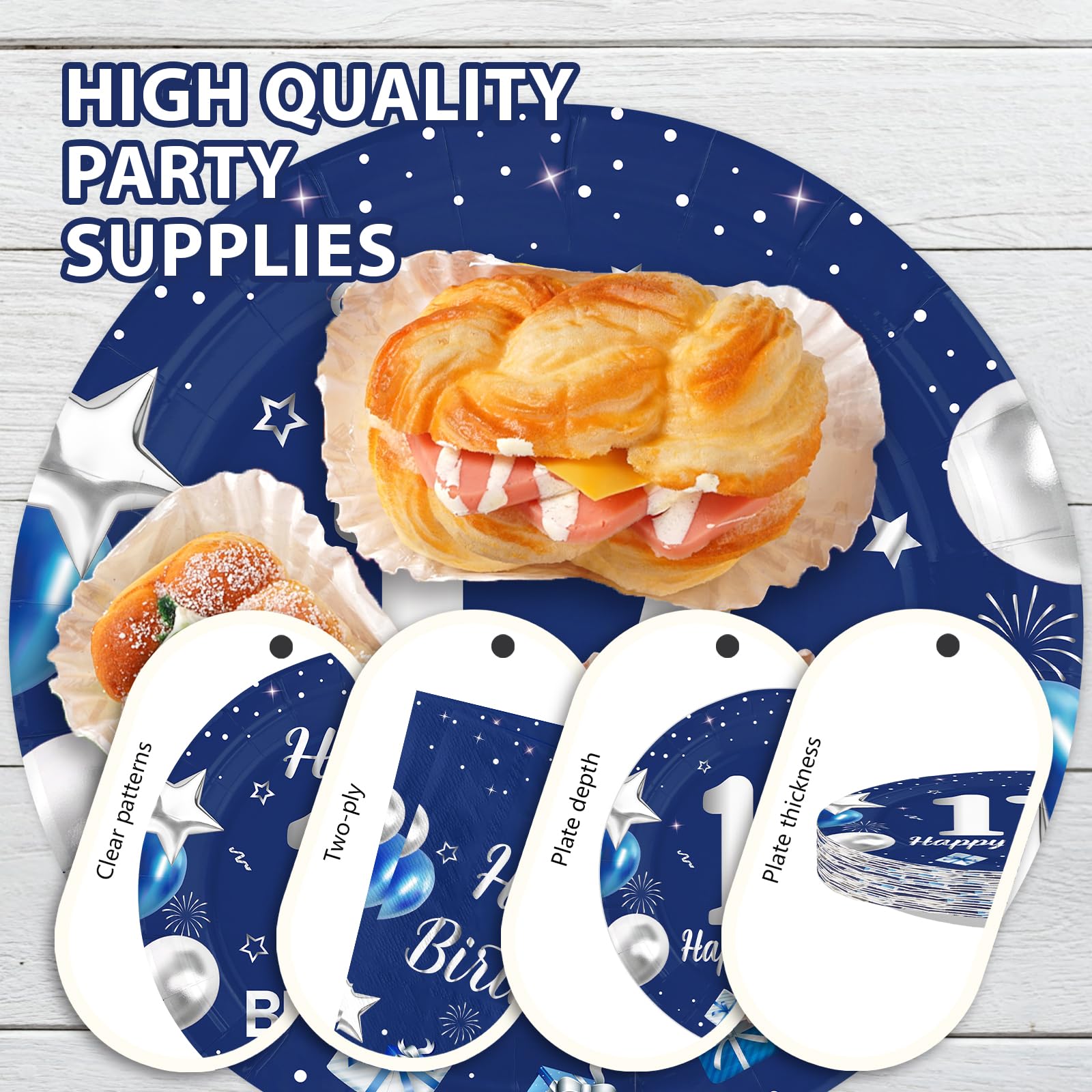 96 Pcs Blue Sliver 17th Birthday Party Plates and Napkins - Grencian