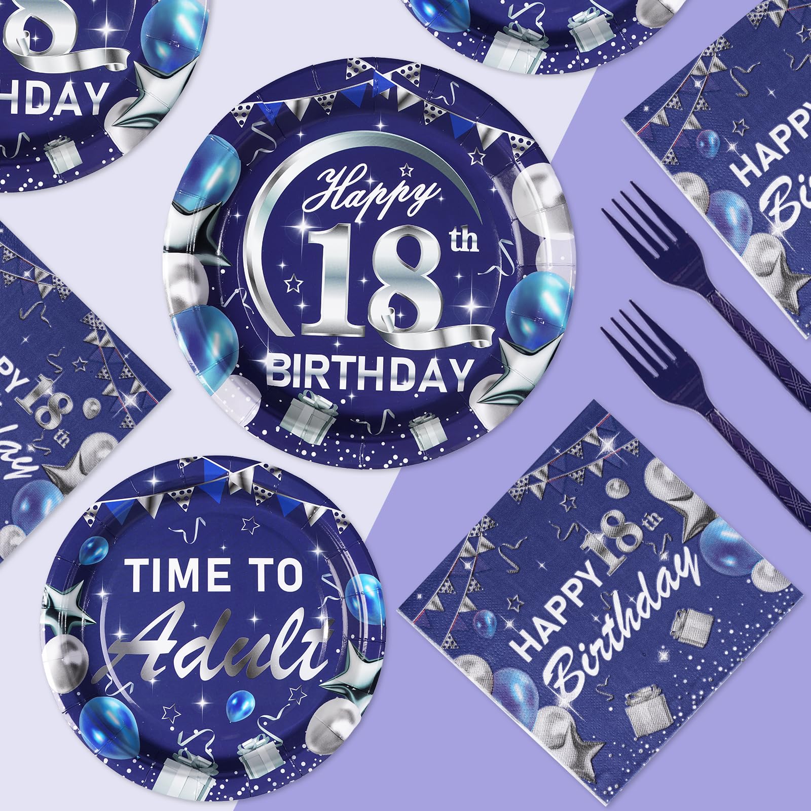 96 Pcs Blue Sliver 18th Birthday Party Plates and Napkins - Grencian