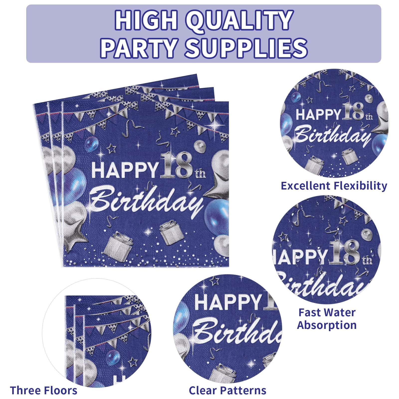 96 Pcs Blue Sliver 18th Birthday Party Plates and Napkins - Grencian