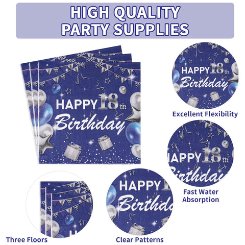 96 Pcs Blue Sliver 18th Birthday Party Plates and Napkins - Grencian