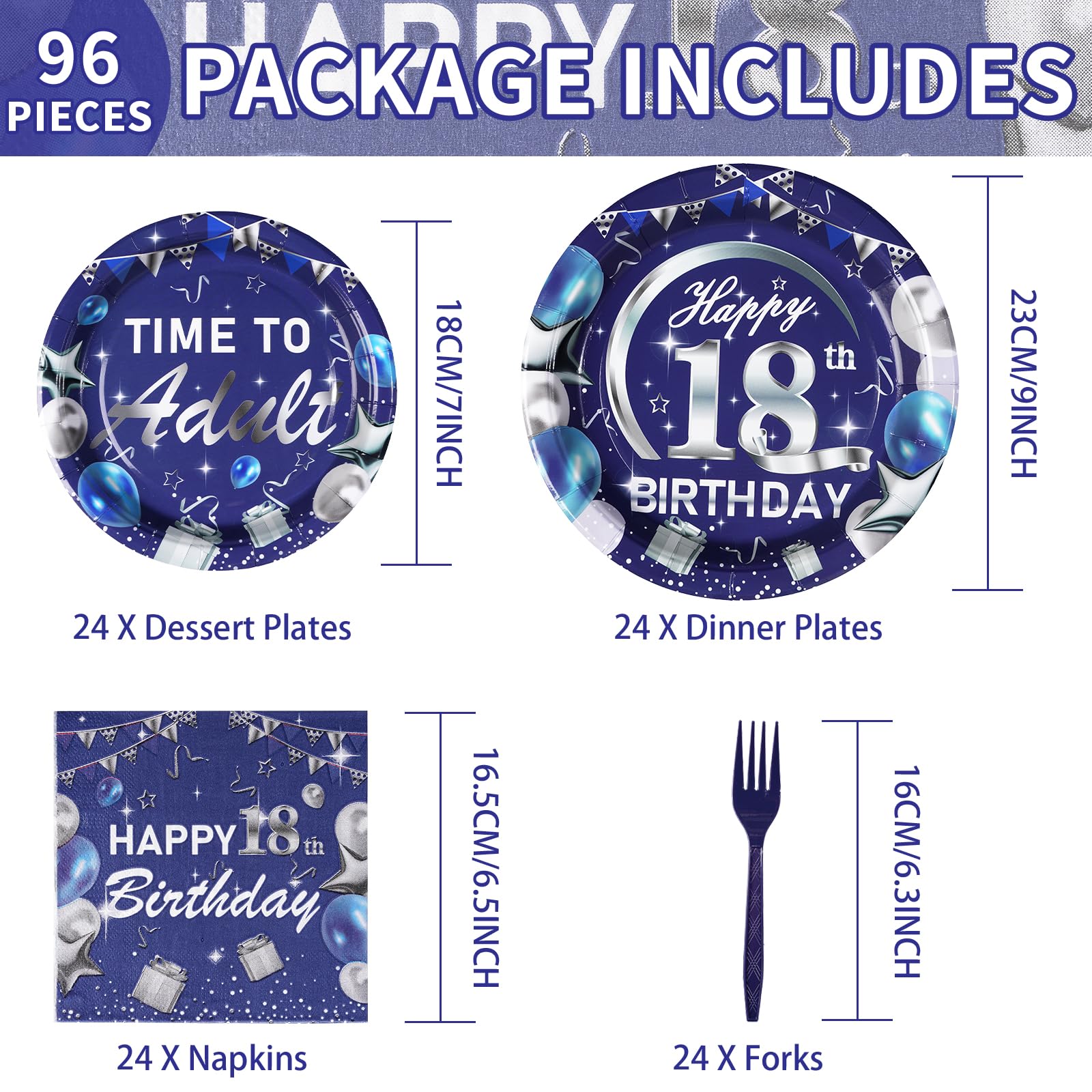96 Pcs Blue Sliver 18th Birthday Party Plates and Napkins - Grencian