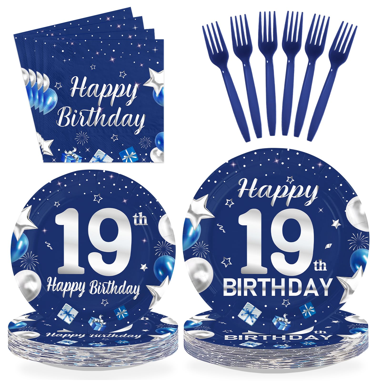 96 Pcs Blue Sliver 19th Birthday Party Plates and Napkins - Grencian