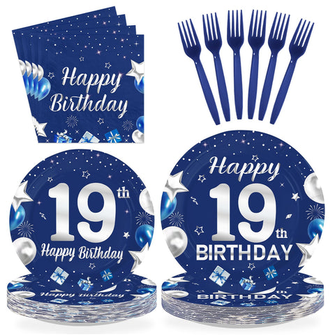 96 Pcs Blue Sliver 19th Birthday Party Plates and Napkins - Grencian