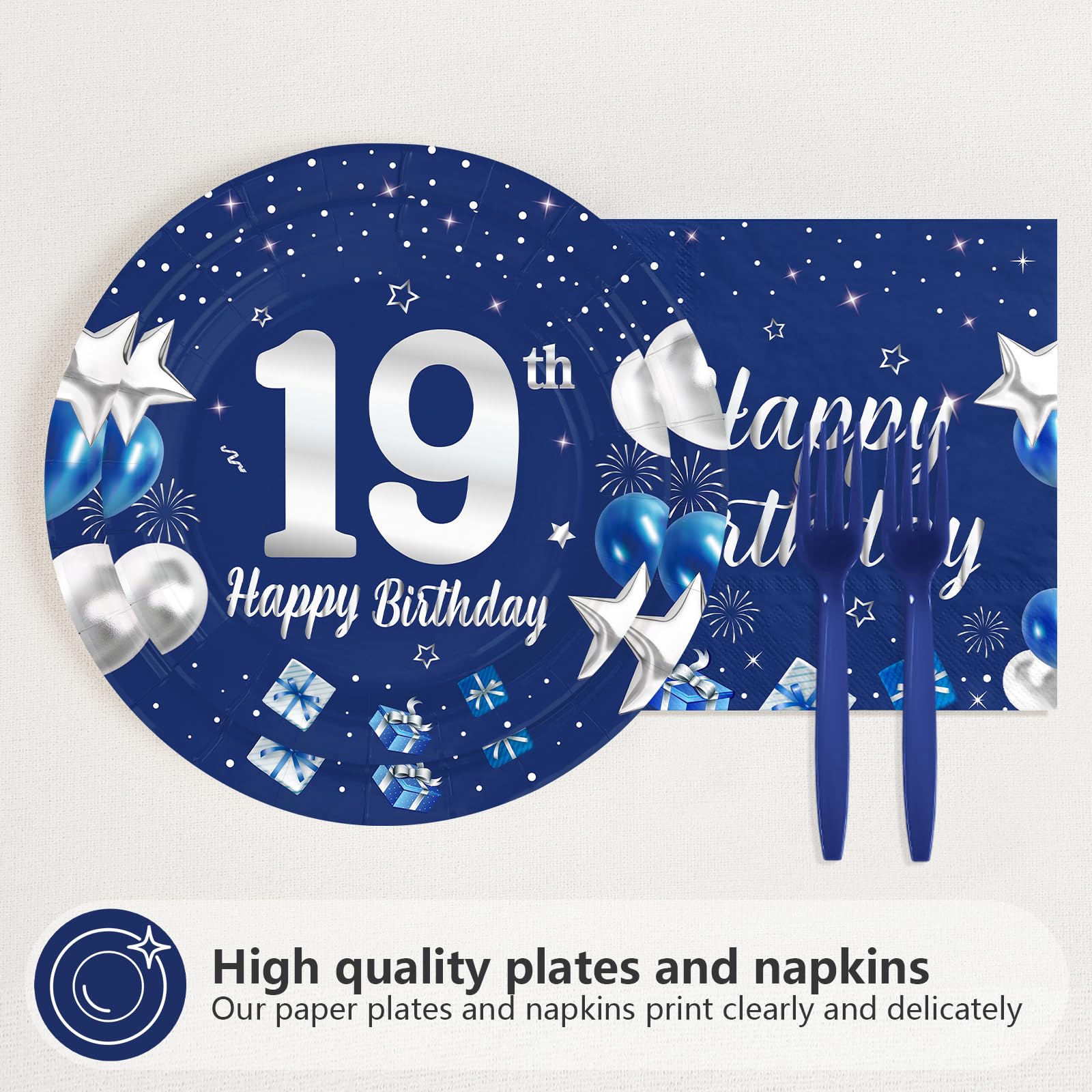 96 Pcs Blue Sliver 19th Birthday Party Plates and Napkins - Grencian