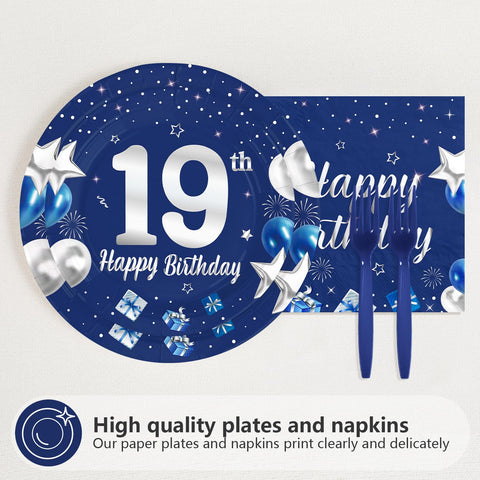 96 Pcs Blue Sliver 19th Birthday Party Plates and Napkins - Grencian