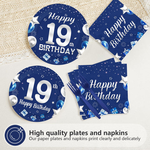 96 Pcs Blue Sliver 19th Birthday Party Plates and Napkins - Grencian