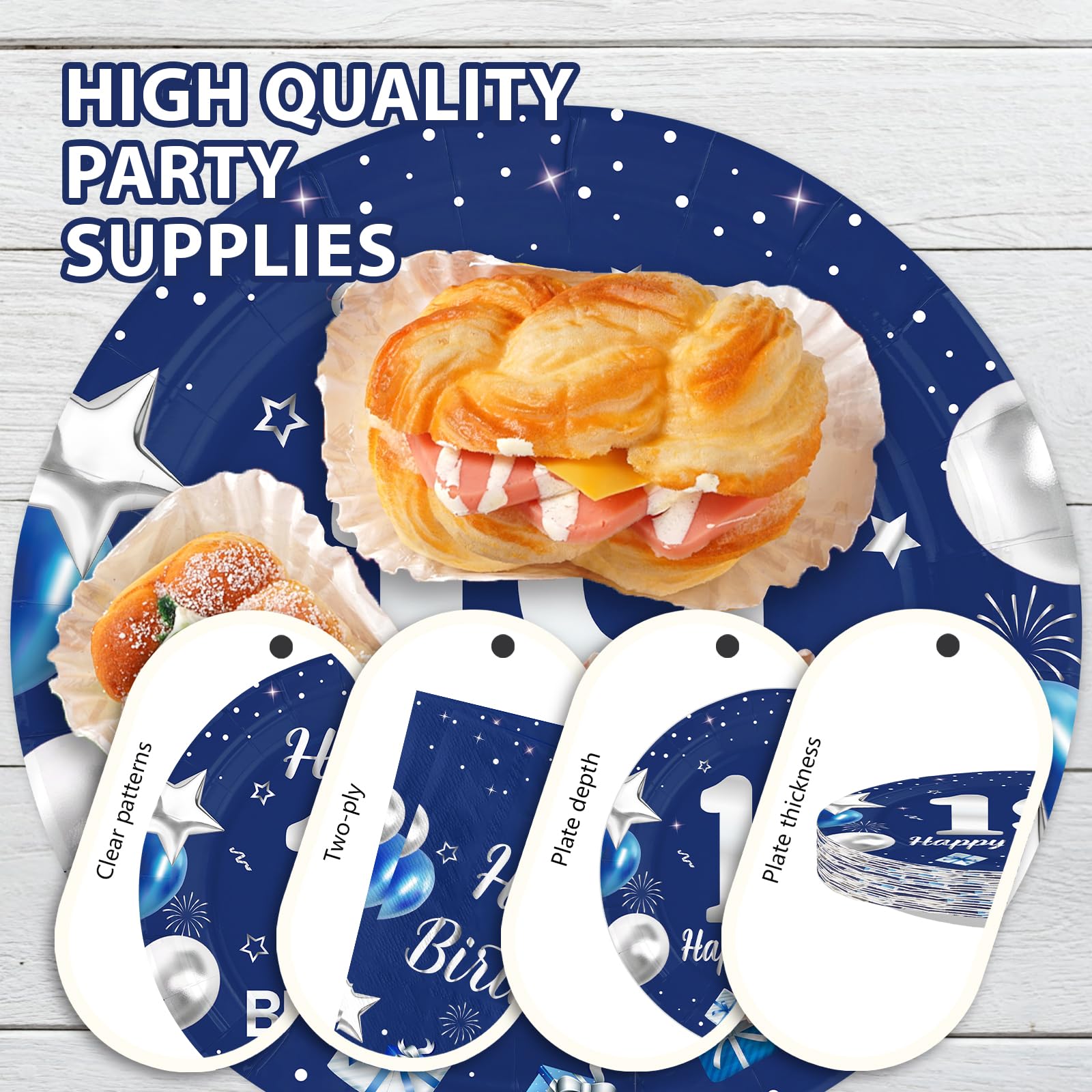 96 Pcs Blue Sliver 19th Birthday Party Plates and Napkins - Grencian