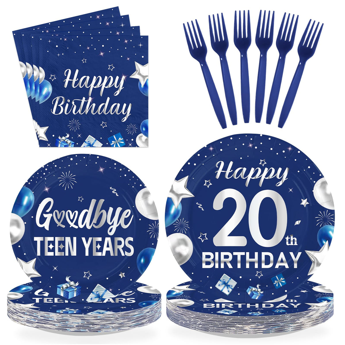 96 Pcs Blue Sliver 20th Birthday Party Plates and Napkins - Grencian