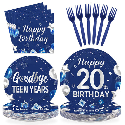 96 Pcs Blue Sliver 20th Birthday Party Plates and Napkins - Grencian