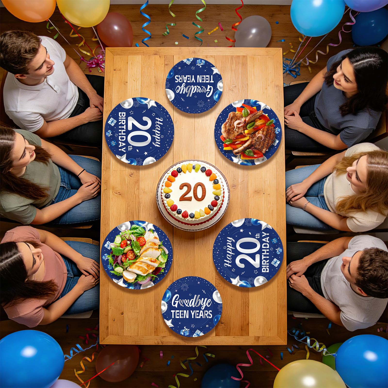 96 Pcs Blue Sliver 20th Birthday Party Plates and Napkins - Grencian