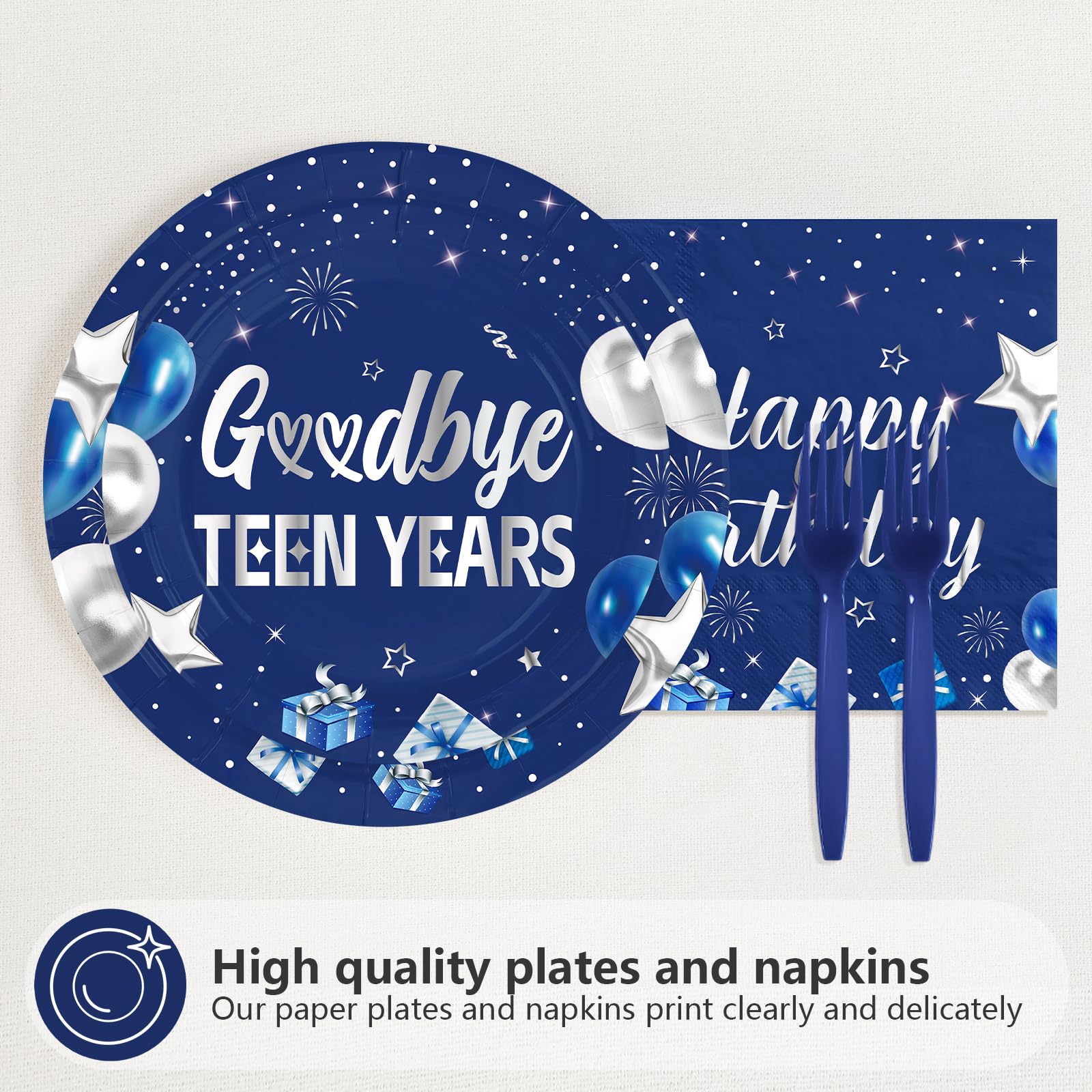 96 Pcs Blue Sliver 20th Birthday Party Plates and Napkins - Grencian