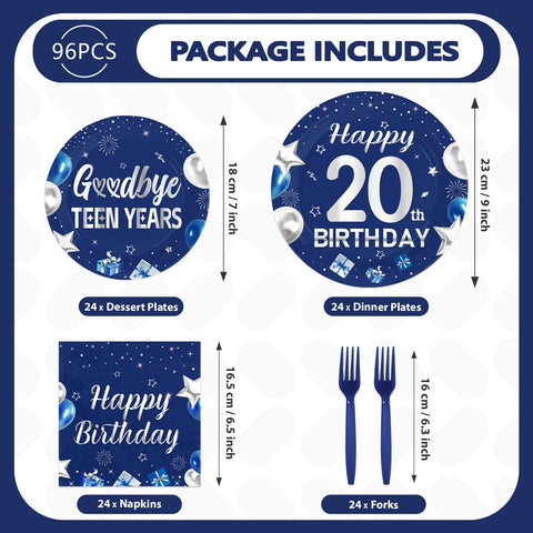 96 Pcs Blue Sliver 20th Birthday Party Plates and Napkins - Grencian