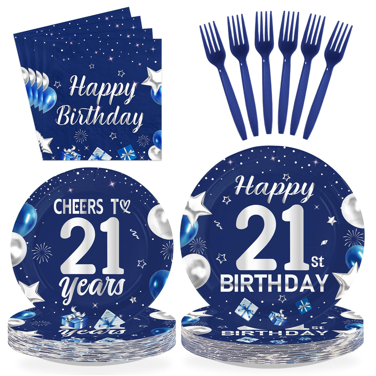 96 Pcs Blue Sliver 21st Birthday Party Plates and Napkins - Grencian