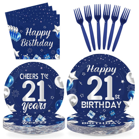 96 Pcs Blue Sliver 21st Birthday Party Plates and Napkins - Grencian