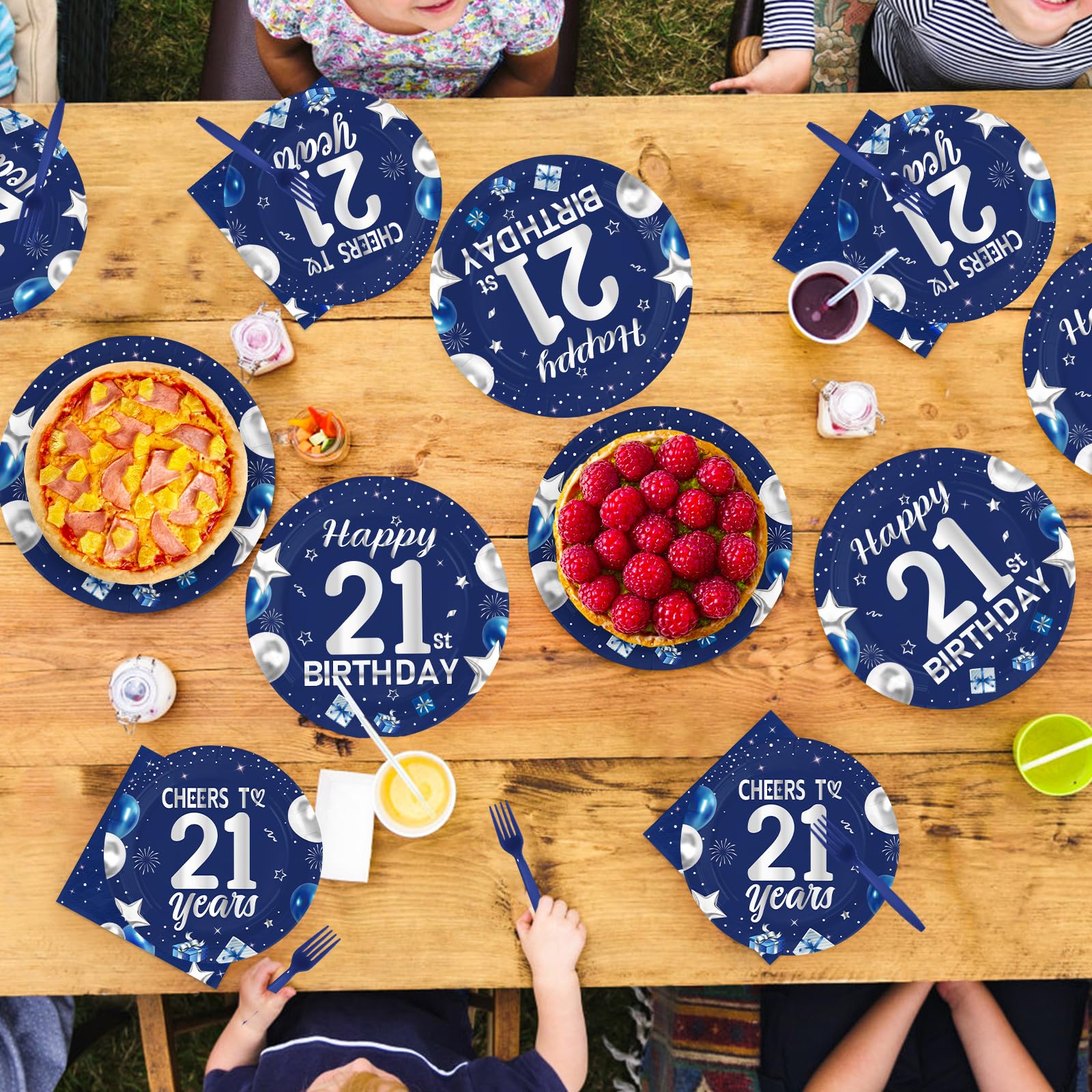 96 Pcs Blue Sliver 21st Birthday Party Plates and Napkins - Grencian