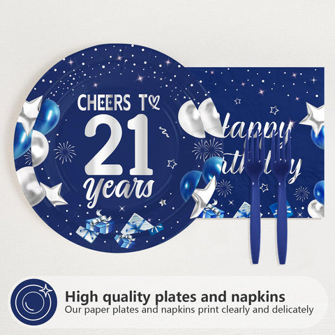 96 Pcs Blue Sliver 21st Birthday Party Plates and Napkins - Grencian