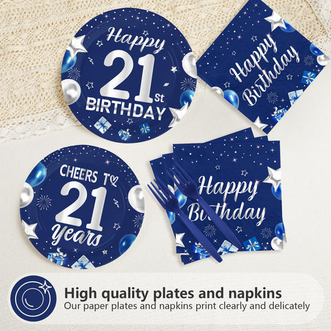 96 Pcs Blue Sliver 21st Birthday Party Plates and Napkins - Grencian