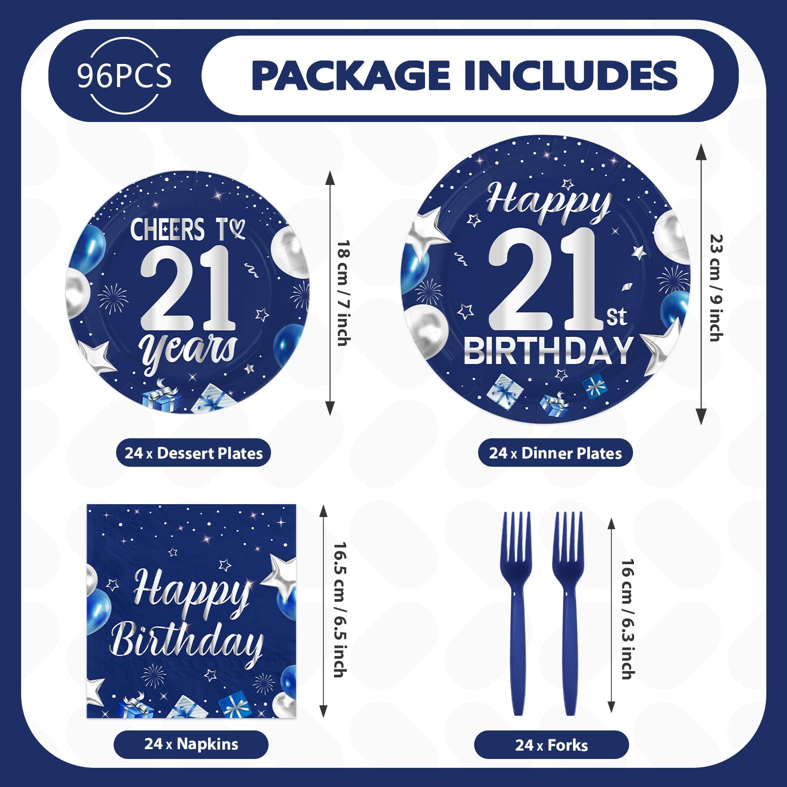 96 Pcs Blue Sliver 21st Birthday Party Plates and Napkins - Grencian