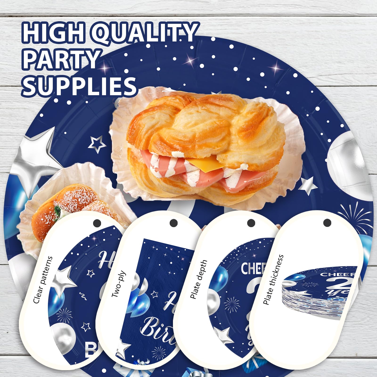 96 Pcs Blue Sliver 21st Birthday Party Plates and Napkins - Grencian