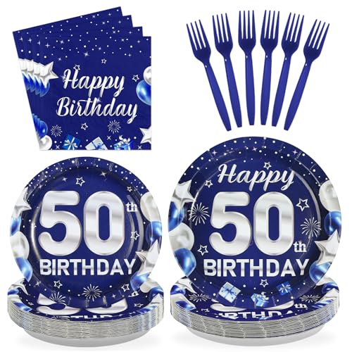 96 Pcs Blue Sliver 50th Birthday Party Plates and Napkins - Grencian