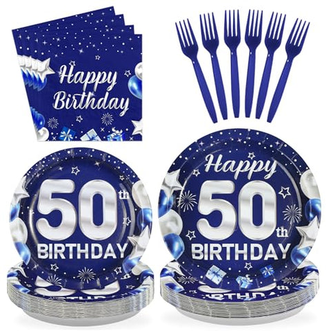 96 Pcs Blue Sliver 50th Birthday Party Plates and Napkins - Grencian